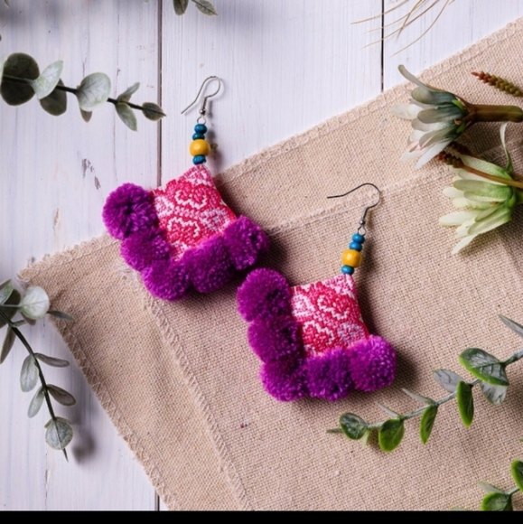 Fair Trade Purple PonPom Earrings, Hmong Tribe Embroidered, Artisan - Picture 5 of 5